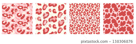 Leopard seamless pattern in monochrome pink for girly print. Animal background with leopard fur spots patterns in coquette aesthetic. Vector set with hand drawn rosette and cute organic motifs Leopard seamless pattern in monochrome pink for girly print. Animal background with leopard fur spots patterns in coquette aesthetic. Vector set with hand drawn rosette and cute organic motifs 138306876