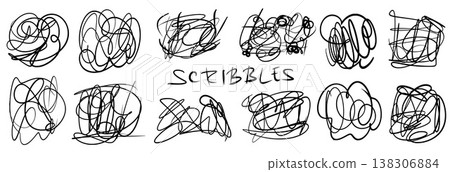 Hand-drawn pen squiggles doodles. Messy scribbles, naive expressive scratches set. Tangled lines, chaotic spontaneously scrawl. Vector pencil brush scratches isolated on transparent background Hand-drawn pen squiggles doodles. Messy scribbles, naive expressive scratches set. Tangled lines, chaotic spontaneously scrawl. Vector pencil brush scratches isolated on transparent background 138306884
