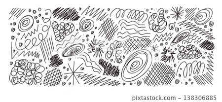 Ink pen scribbles text highlights decor. Hand-drawn scratches, squiggles and abstract doodles, naive stars set. Vector handmade irregular oval, crosshatching forms isolated on transparent background Ink pen scribbles text highlights decor. Hand-drawn scratches, squiggles and abstract doodles, naive stars set. Vector handmade irregular oval, crosshatching forms isolated on transparent background 138306885