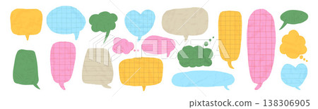 Playful dialogue stickers with rough texture create conversation element, featuring wrinkled balloon shapes, scrapbook cutout isolated. Vector crayon text box set background. Math kids stickers bg 138306905