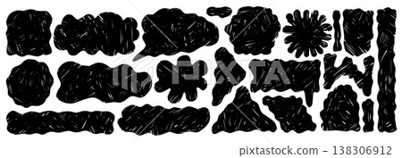 Abstract wavy grunge borders with irregular edges. Curvy blobs and scalloped labels for banners. Cute doodle elements, geometric speech bubbles and splashes. Vector crayon kids shapes isolated no bg 138306912