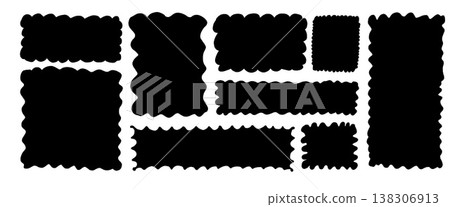 Abstract scallop rectangular borders. Square text boxes with irregular edges. Curvy callouts and scalloped labels for banner. Doodle silhouette elements, geometric speech bubbles. Vector promo shapes 138306913