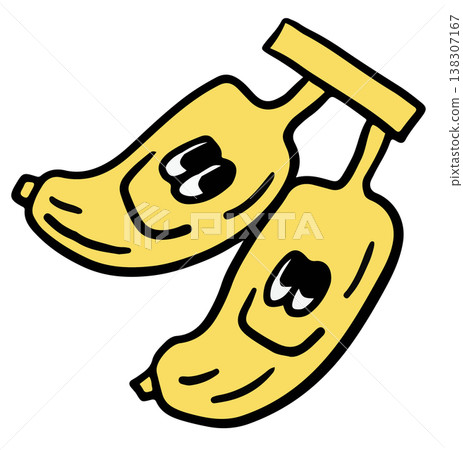 Hand drawn happy banana twin cartoon for healthy snack, protein, fruit, food, running competition, marathon, race, diet, exercise, sport, activity, lifestyle, hobby, grocery shopping, supermarket 138307167