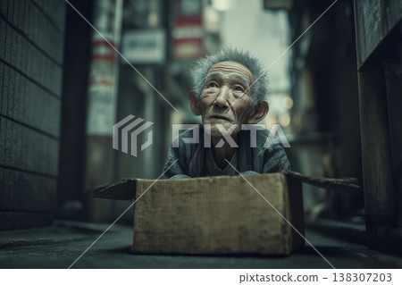 一個老人被遺棄在小巷裡。 一個老人被遺棄在小巷裡。 138307203