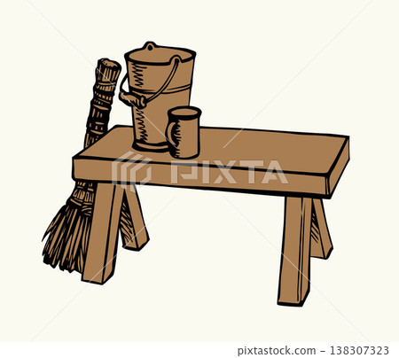 Vector drawing. Old bucket on the bench Vector drawing. Old bucket on the bench 138307323