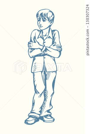 Vector drawing. The boy got wet and froze Vector drawing. The boy got wet and froze 138307324
