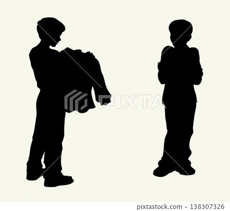 Vector drawing. The boy is picking up his shirt Vector drawing. The boy is picking up his shirt 138307326