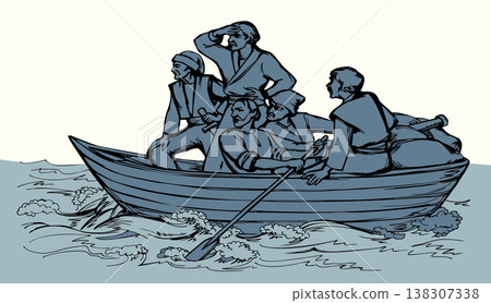Vector drawing. Ancient men in the boat Vector drawing. Ancient men in the boat 138307338