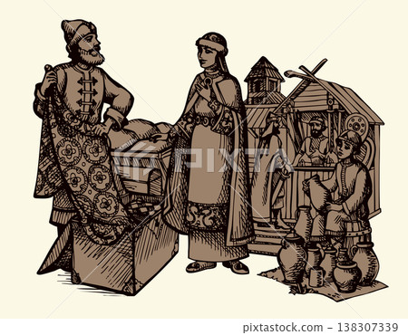Vector drawing. Man sells a fabric om ancient market Vector drawing. Man sells a fabric om ancient market 138307339