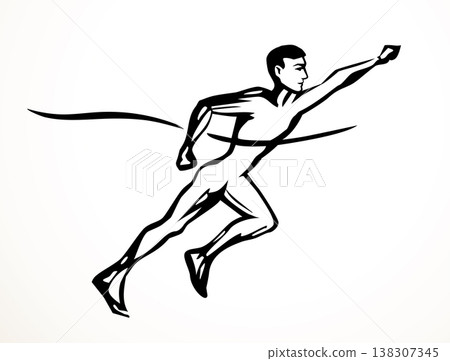Vector drawing. An athlete runs to the finish line. Vector drawing. An athlete runs to the finish line. 138307345