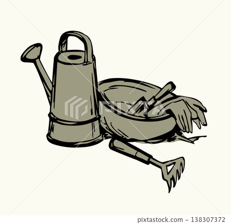 Vector drawing. Garden gloves, shovel and rake Vector drawing. Garden gloves, shovel and rake 138307372