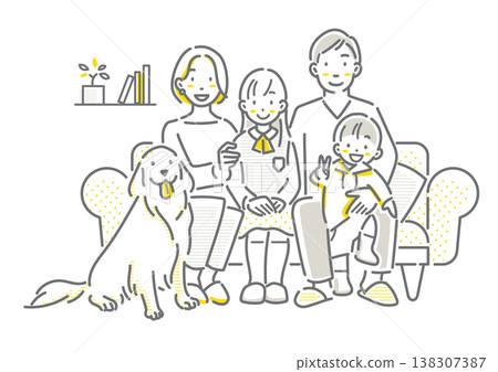 一幅簡潔而時尚的線條插畫,描繪了一個笑容滿面的家庭和他們的寵物狗一起坐在沙發上。 一幅簡潔而時尚的線條插畫,描繪了一個笑容滿面的家庭和他們的寵物狗一起坐在沙發上。 138307387