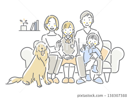一幅簡潔而時尚的線條插畫,描繪了一個笑容滿面的家庭和他們的寵物狗一起坐在沙發上。 一幅簡潔而時尚的線條插畫,描繪了一個笑容滿面的家庭和他們的寵物狗一起坐在沙發上。 138307388
