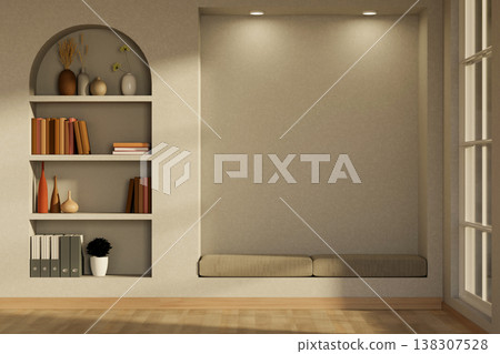 Fabric cushion bench an arch bookshelf in recessed white wall over wood parquet floor in living room 138307528