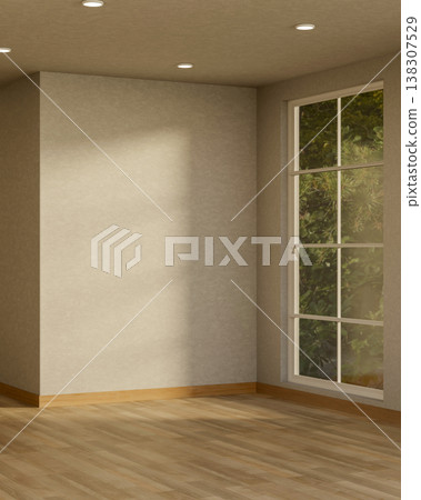 Empty white wall over wooden parquet floor with sunlight through garden view window in a modern room Empty white wall over wooden parquet floor with sunlight through garden view window in a modern room 138307529