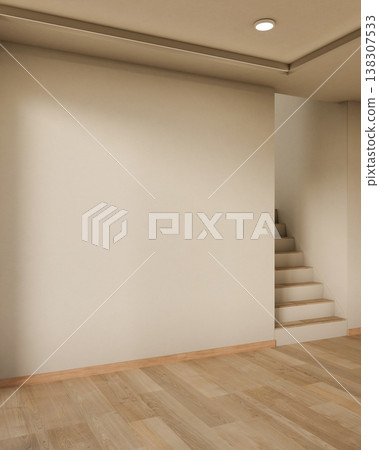 Empty white wall with ceiling lamp aside stairs over wooden parquet floor in a modern house or room. Empty white wall with ceiling lamp aside stairs over wooden parquet floor in a modern house or room. 138307533