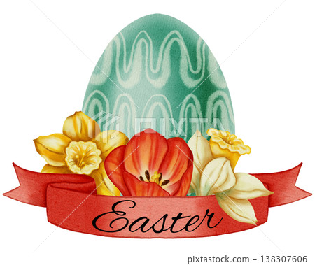Watercolor illustration of an Easter egg with daffodils and tulips, a red ribbon with the words - Easter. Happy Easter! Perfect for spring holidays, greeting cards, seasonal decor, packaging, textiles Watercolor illustration of an Easter egg with daffodils and tulips, a red ribbon with the words - Easter. Happy Easter! Perfect for spring holidays, greeting cards, seasonal decor, packaging, textiles 138307606