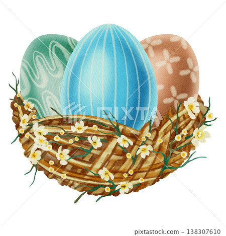Cozy watercolor illustration of Easter eggs tucked into a rustic bird's nest. Perfect for spring holidays, greeting cards, seasonal decor, packaging, and textiles. Cozy watercolor illustration of Easter eggs tucked into a rustic bird's nest. Perfect for spring holidays, greeting cards, seasonal decor, packaging, and textiles. 138307610