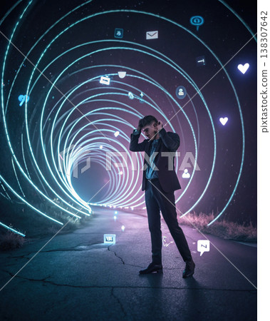 Young man standing in illuminated digital tunnel of glowing neon rings and floating social media icons expressing wonder and isolation Young man standing in illuminated digital tunnel of glowing neon rings and floating social media icons expressing wonder and isolation 138307642