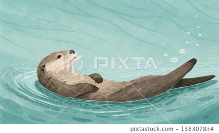 A floating otter illustration relaxing on turquoise water with gentle ripples and bubbles conveying calm contentment 138307834