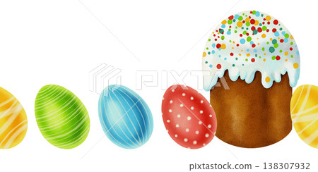 Watercolor seamless border with traditional Easter cake Kulich with glaze and sprinkles, and colorful painted eggs. Perfect for Easter decorations Watercolor seamless border with traditional Easter cake Kulich with glaze and sprinkles, and colorful painted eggs. Perfect for Easter decorations 138307932