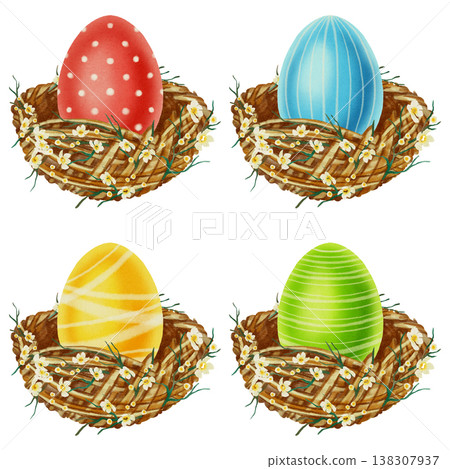 Watercolor Easter eggs in decorated bird nests. Hand-painted set featuring red, blue, yellow, green patterned eggs with spring blossoms for holiday greeting cards and festive decor, invitations Watercolor Easter eggs in decorated bird nests. Hand-painted set featuring red, blue, yellow, green patterned eggs with spring blossoms for holiday greeting cards and festive decor, invitations 138307937