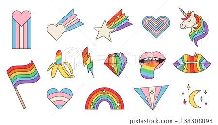 Hand-drawn retro Pride icons with rainbow and transgender flag gradients. Inclusive LGBTQ doodle collection of unicorns, hearts, lightning bolts, and stars for digital stickers or branding. Vector. Hand-drawn retro Pride icons with rainbow and transgender flag gradients. Inclusive LGBTQ doodle collection of unicorns, hearts, lightning bolts, and stars for digital stickers or branding. Vector. 138308093