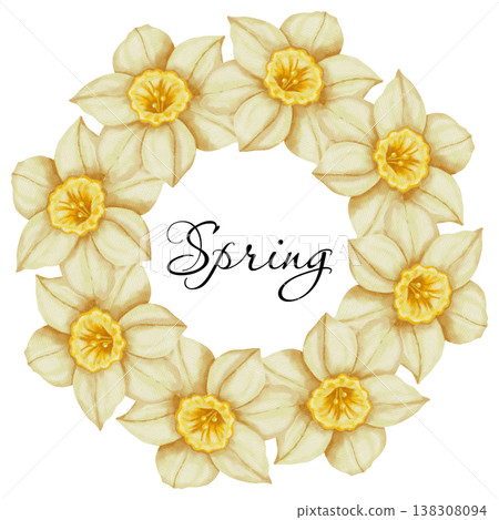 Watercolor spring wreath featuring daffodils with green leaves. Cozy spring gardening and Easter holiday concept, textiles, packaging, cards, invitations Watercolor spring wreath featuring daffodils with green leaves. Cozy spring gardening and Easter holiday concept, textiles, packaging, cards, invitations 138308094