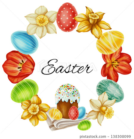 A watercolor Easter wreath featuring a traditional Easter cake, colorful eggs, daffodils, and tulips. Perfect for Easter celebrations, textiles, packaging, cards, and invitations. A watercolor Easter wreath featuring a traditional Easter cake, colorful eggs, daffodils, and tulips. Perfect for Easter celebrations, textiles, packaging, cards, and invitations. 138308099
