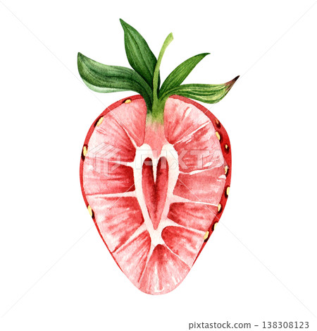 Watercolor strawberry half with heart shaped center hand painted ripe red berry slice with green leaves isolated on white background, summer fruit clipart for packaging, cards and food design Watercolor strawberry half with heart shaped center hand painted ripe red berry slice with green leaves isolated on white background, summer fruit clipart for packaging, cards and food design 138308123