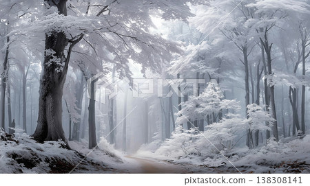一片覆蓋著霜雪的奇幻森林和一條靜謐的小徑 138308141