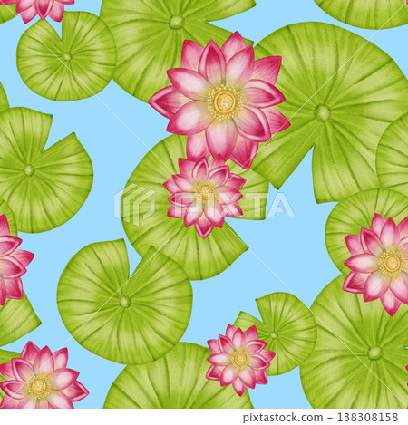 A seamless watercolor pattern featuring delicate pink lotuses, green water lilies, and flower buds. Ideal for textiles, wallpaper, romantic decor, cosmetics, and medical products. A seamless watercolor pattern featuring delicate pink lotuses, green water lilies, and flower buds. Ideal for textiles, wallpaper, romantic decor, cosmetics, and medical products. 138308158