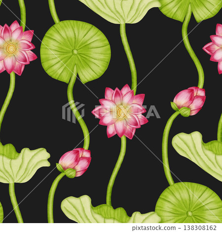 A seamless watercolor pattern featuring delicate pink lotuses, green water lilies, and flower buds. Ideal for textiles, wallpaper, romantic decor, cosmetics, and medical products. A seamless watercolor pattern featuring delicate pink lotuses, green water lilies, and flower buds. Ideal for textiles, wallpaper, romantic decor, cosmetics, and medical products. 138308162