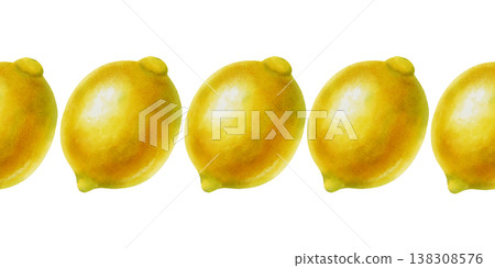 Seamless watercolor border with lemon. Yellow lemons. Banner with tropical citrus fruits. Design for kitchen textiles, packaging, cosmetics, textiles, and cards. Seamless watercolor border with lemon. Yellow lemons. Banner with tropical citrus fruits. Design for kitchen textiles, packaging, cosmetics, textiles, and cards. 138308576