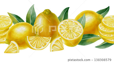 Seamless watercolor border with lemon. Lemon with slices, peel, and leaves. Banner with tropical citrus fruits. Design for kitchen textiles, packaging, cosmetics, textiles, and cards Seamless watercolor border with lemon. Lemon with slices, peel, and leaves. Banner with tropical citrus fruits. Design for kitchen textiles, packaging, cosmetics, textiles, and cards 138308579