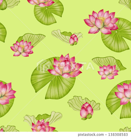 Lotus flower seamless pattern. An illustration of a pink water lily hand painted. Ideal for textiles, wallpaper, romantic decor, cosmetics, and medical products. 138308583
