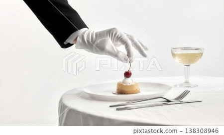 Close up of waiter hand placing cherry on dessert on plate with cocktail on table. Close up of waiter hand placing cherry on dessert on plate with cocktail on table. 138308946