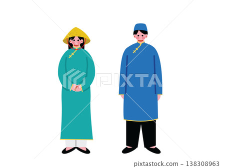 插圖描繪了一男一女身著越南傳統民族服飾的形象。 插圖描繪了一男一女身著越南傳統民族服飾的形象。 138308963