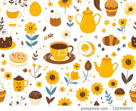 Whimsical Yellow and White Floral Pattern With Baked Goods and Coffee 138309003