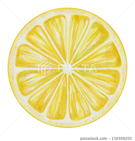 Watercolor illustration of a yellow lemon. Hand-drawn citrus fruit, segments, slices, and halves for organic food packaging, healthy recipes, and kitchen decor. Watercolor illustration of a yellow lemon. Hand-drawn citrus fruit, segments, slices, and halves for organic food packaging, healthy recipes, and kitchen decor. 138309203