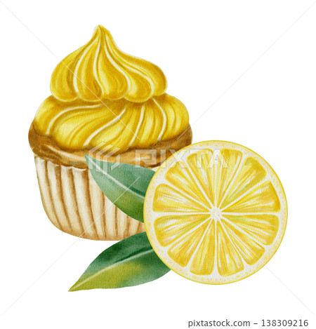 Watercolor lemon cupcake with yellow icing, green leaves, and a slice of fresh lemon. Sweet dessert illustration for menu and bakery design, packaging, and recipes. Watercolor lemon cupcake with yellow icing, green leaves, and a slice of fresh lemon. Sweet dessert illustration for menu and bakery design, packaging, and recipes. 138309216