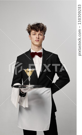 Waiter holding cocktail tray front view in formal uniform isolated background Waiter holding cocktail tray front view in formal uniform isolated background 138309283