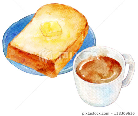 Watercolor illustration, hand-drawn illustration, bread and coffee set 138309636