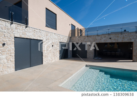 Modular modern smart house with pool and stone facade and automated features under construction 138309638