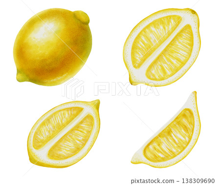 Watercolor set of fresh lemons. Includes whole lemons, halves, and round slices, isolated on a white background. Vibrant citrus elements for food design, packaging, home decor, and cocktail menus. Watercolor set of fresh lemons. Includes whole lemons, halves, and round slices, isolated on a white background. Vibrant citrus elements for food design, packaging, home decor, and cocktail menus. 138309690