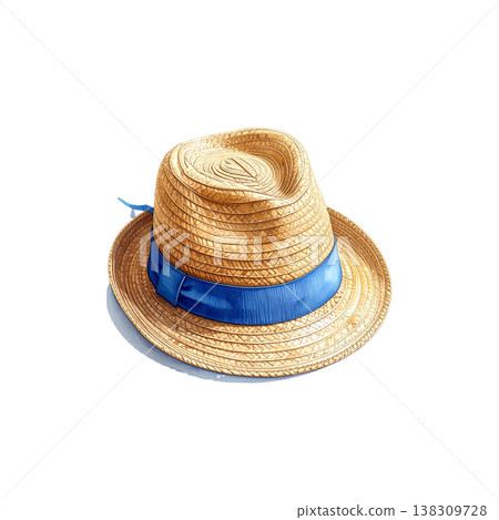 A stylish yellow woven Panama hat adorned with a brown ribbon sits against a white background. A stylish yellow woven Panama hat adorned with a brown ribbon sits against a white background. 138309728