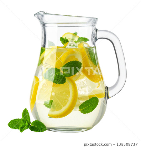 Refreshing chilled lime juice, a blend of lemon, lime, and mint leaves, served with ice on a white background. 138309737