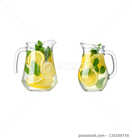 Refreshing chilled lime juice, a blend of lemon, lime, and mint leaves, served with ice on a white background. Refreshing chilled lime juice, a blend of lemon, lime, and mint leaves, served with ice on a white background. 138309738