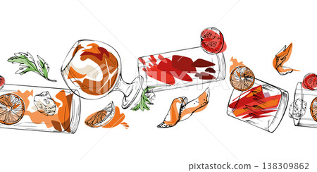 Ice tea, lemonade juice, alcoholic beverages, herb and citrus garnish. Orange red cocktail seamless strip, flat accents and minimal shapes. Hand drawn ink banner for festive promotions, product edges Ice tea, lemonade juice, alcoholic beverages, herb and citrus garnish. Orange red cocktail seamless strip, flat accents and minimal shapes. Hand drawn ink banner for festive promotions, product edges 138309862