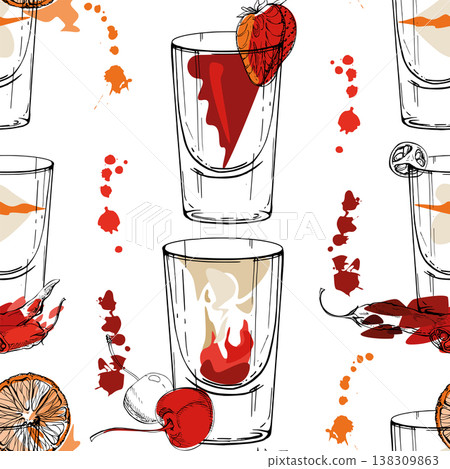 Brain hemorrhage, Bloody Mary, Flatliner shots. Light vector seamless pattern of red orange drinks in ink glasses with flat accents. Hand drawn for bar branding, menu backdrops, summer wraps, layouts. Brain hemorrhage, Bloody Mary, Flatliner shots. Light vector seamless pattern of red orange drinks in ink glasses with flat accents. Hand drawn for bar branding, menu backdrops, summer wraps, layouts. 138309863
